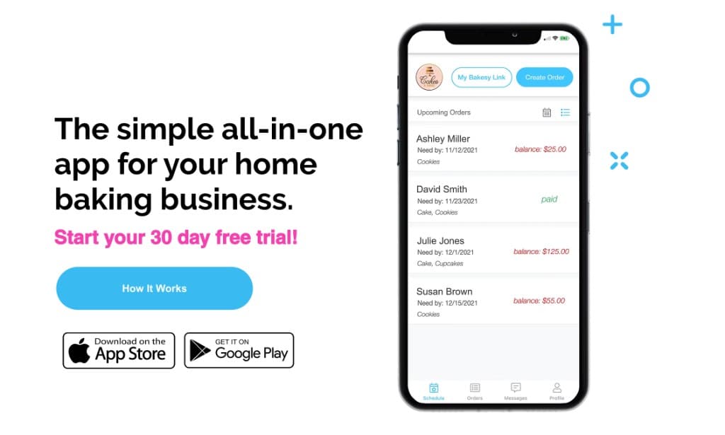 Bakesy app showing upcoming bakery orders and payment balances