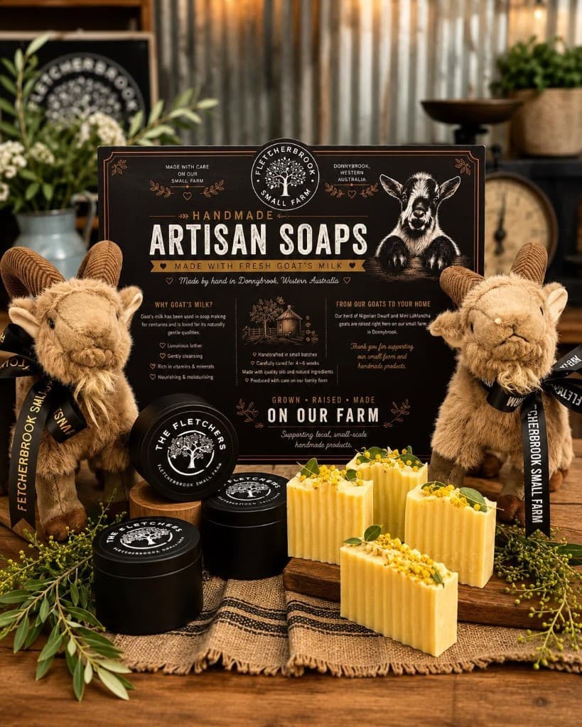 Fletcherbrook Small Farm handmade goat's milk artisan soaps on display with goat plushies