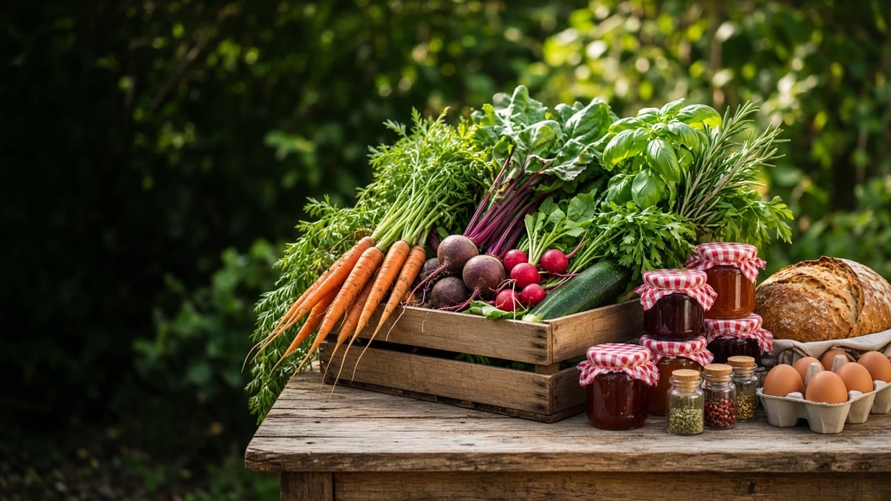 Freshly harvested vegetables and herbs in a timber crate with homemade jam jars, spice mixes, eggs and a sourdough loaf on a farm-stand table