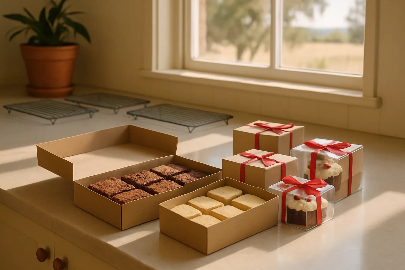 Brownies, shortbread and mini cakes arranged in plain boxes on a home-kitchen bench