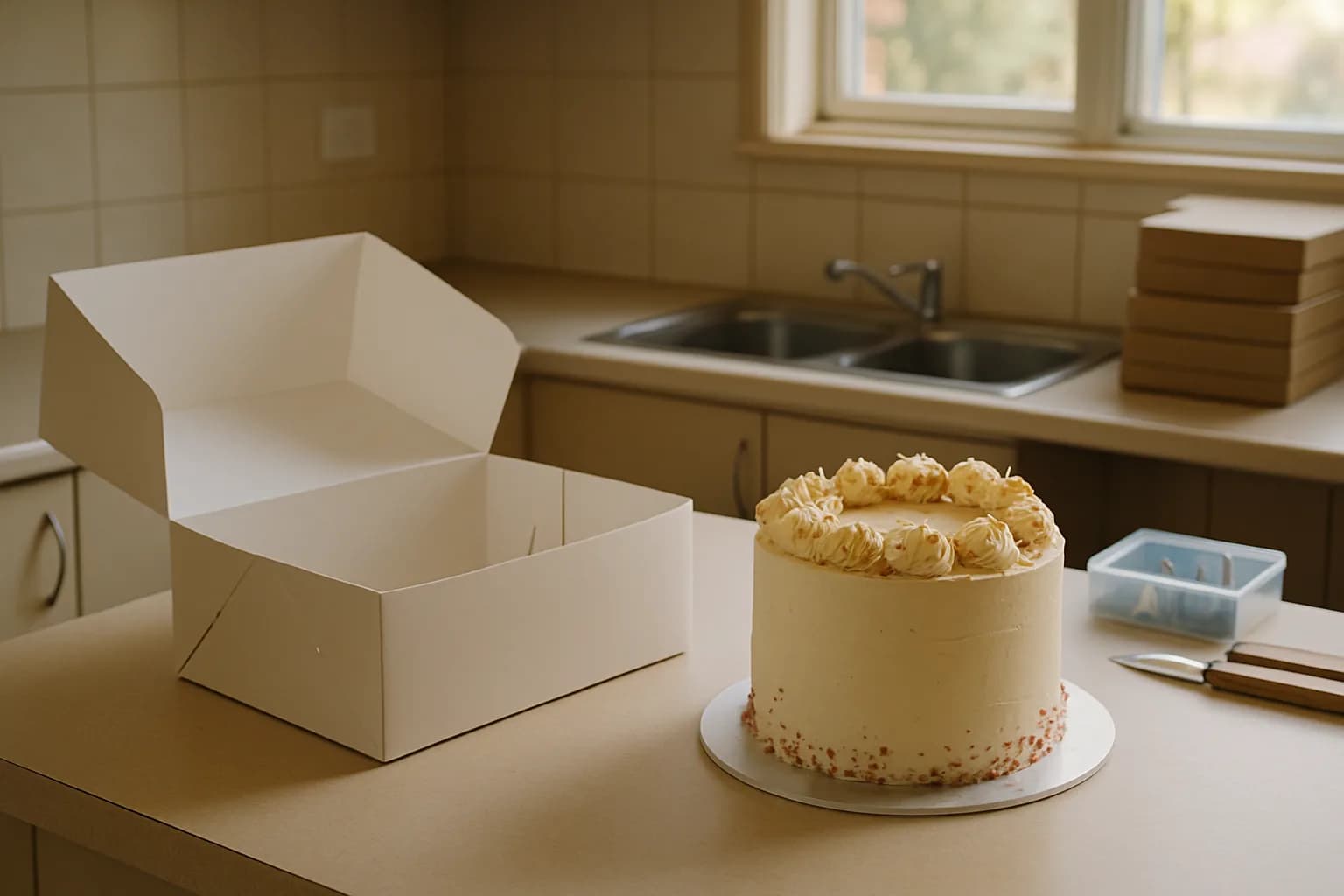 A finished celebration cake beside an open cake box on a tidy kitchen workbench.