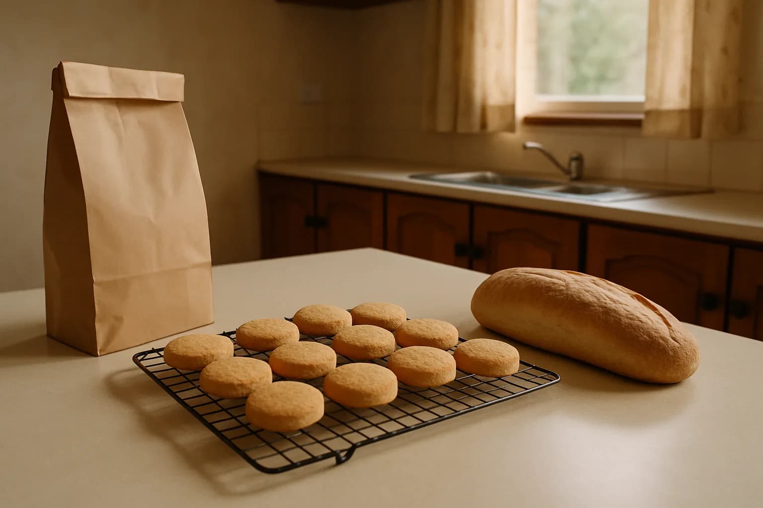 A small batch of biscuits and a bread loaf beside plain packaging on a home kitchen bench