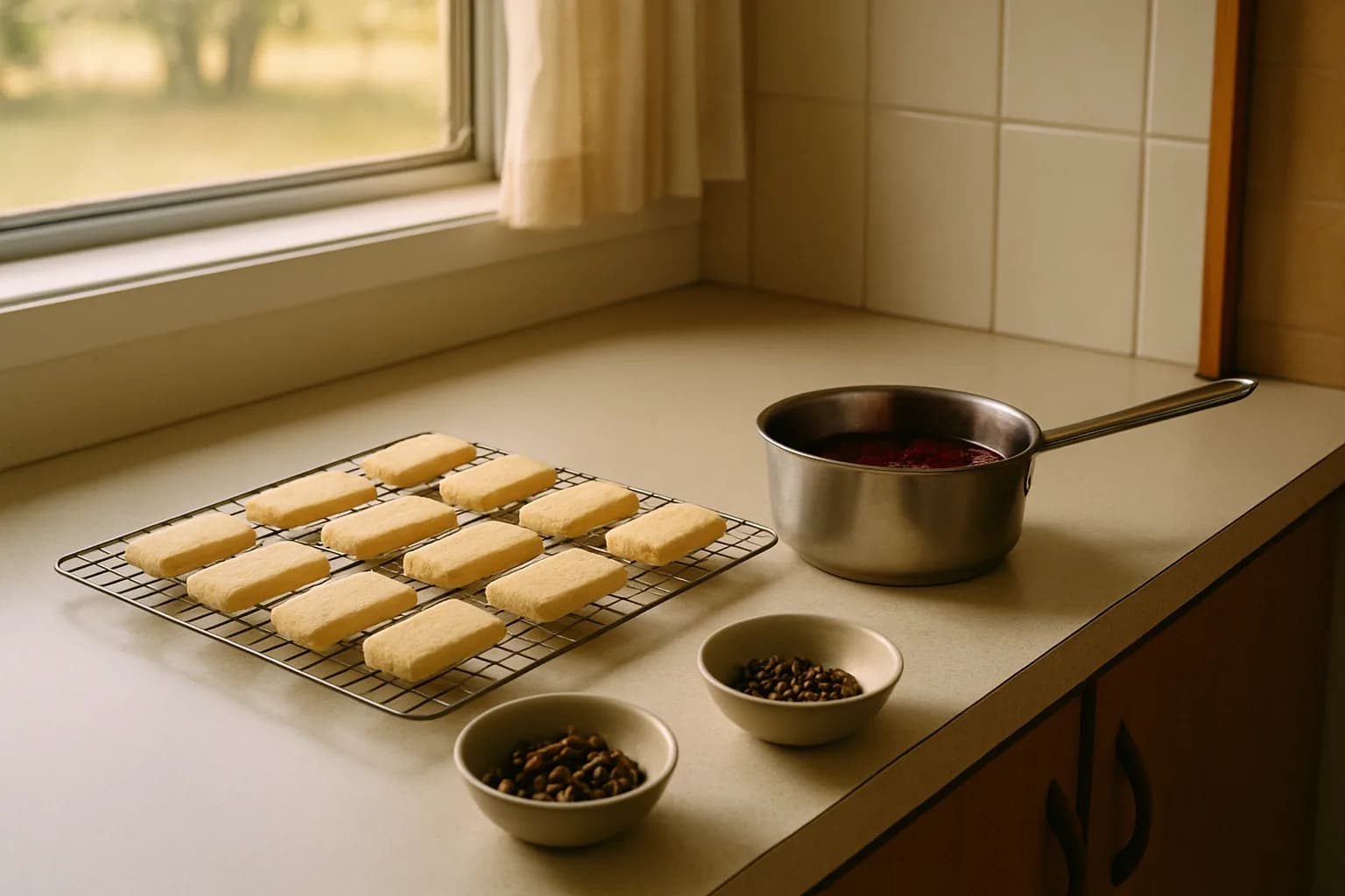 Shortbread, berry preserve and separate bowls of spices on a clean preparation bench