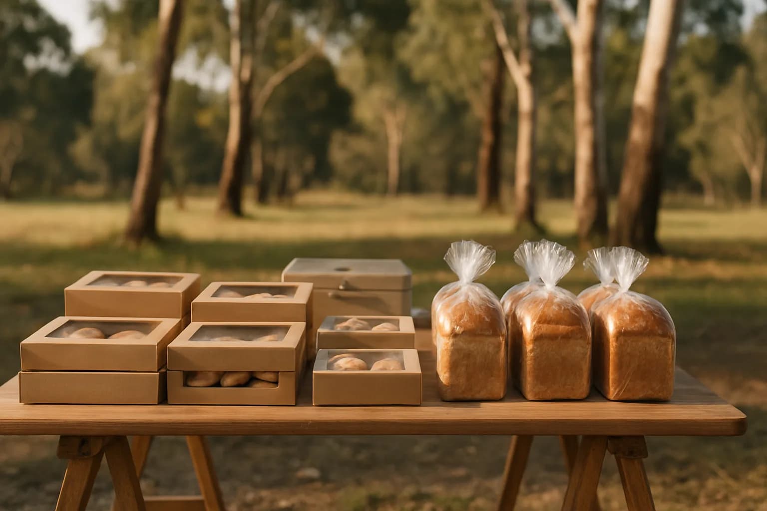 Boxes of biscuits and loaves arranged on a timber market stall table