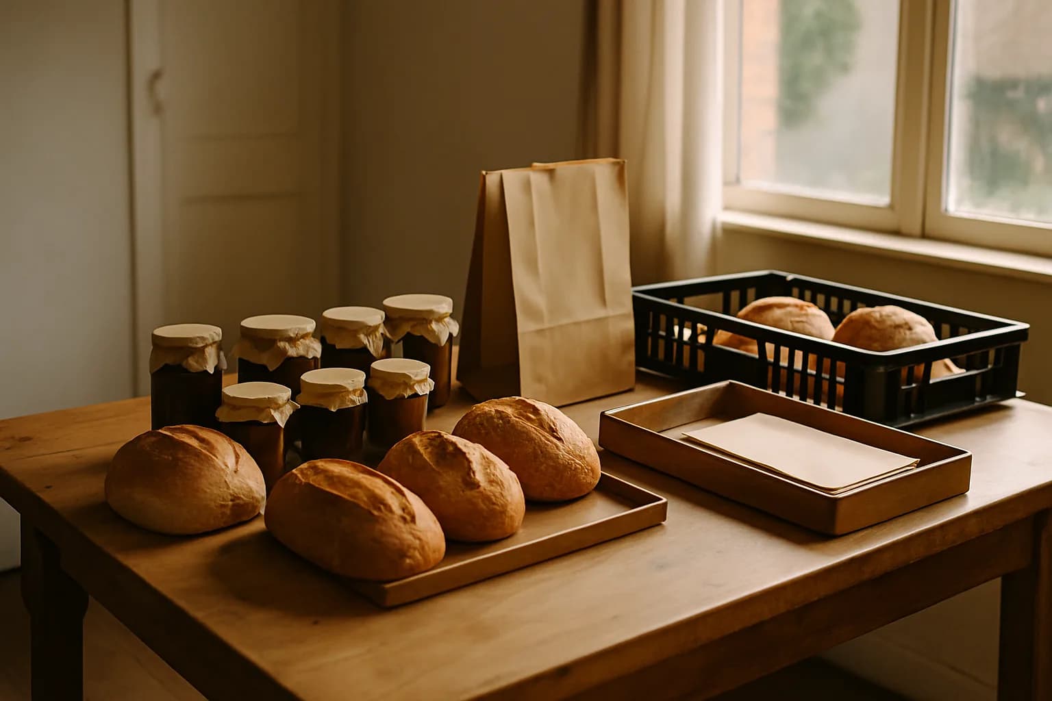 Bread, jars and packed paper bags arranged on a small producer’s worktable