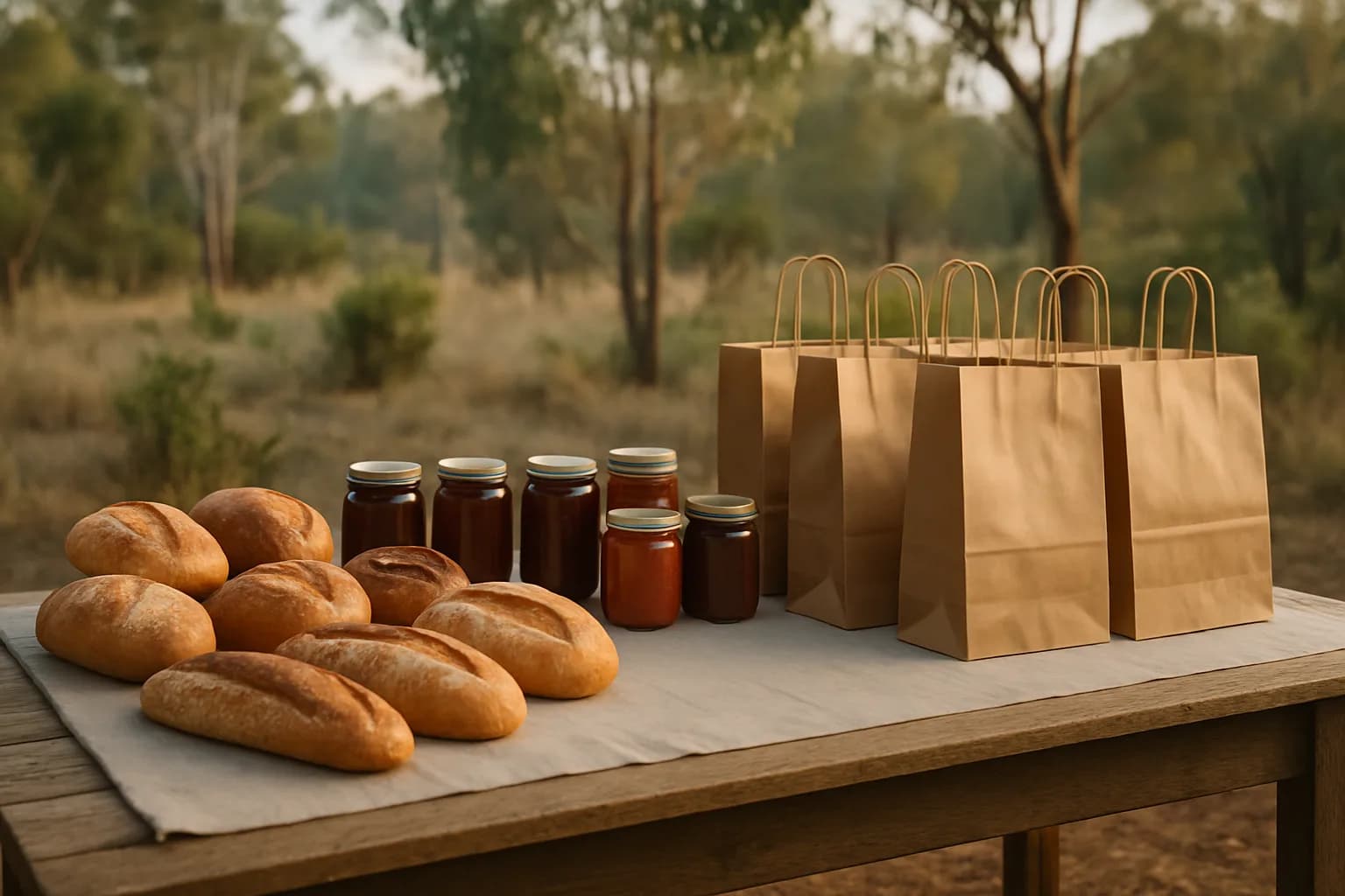 Market table with bread and jars beside packed kraft bags for collection