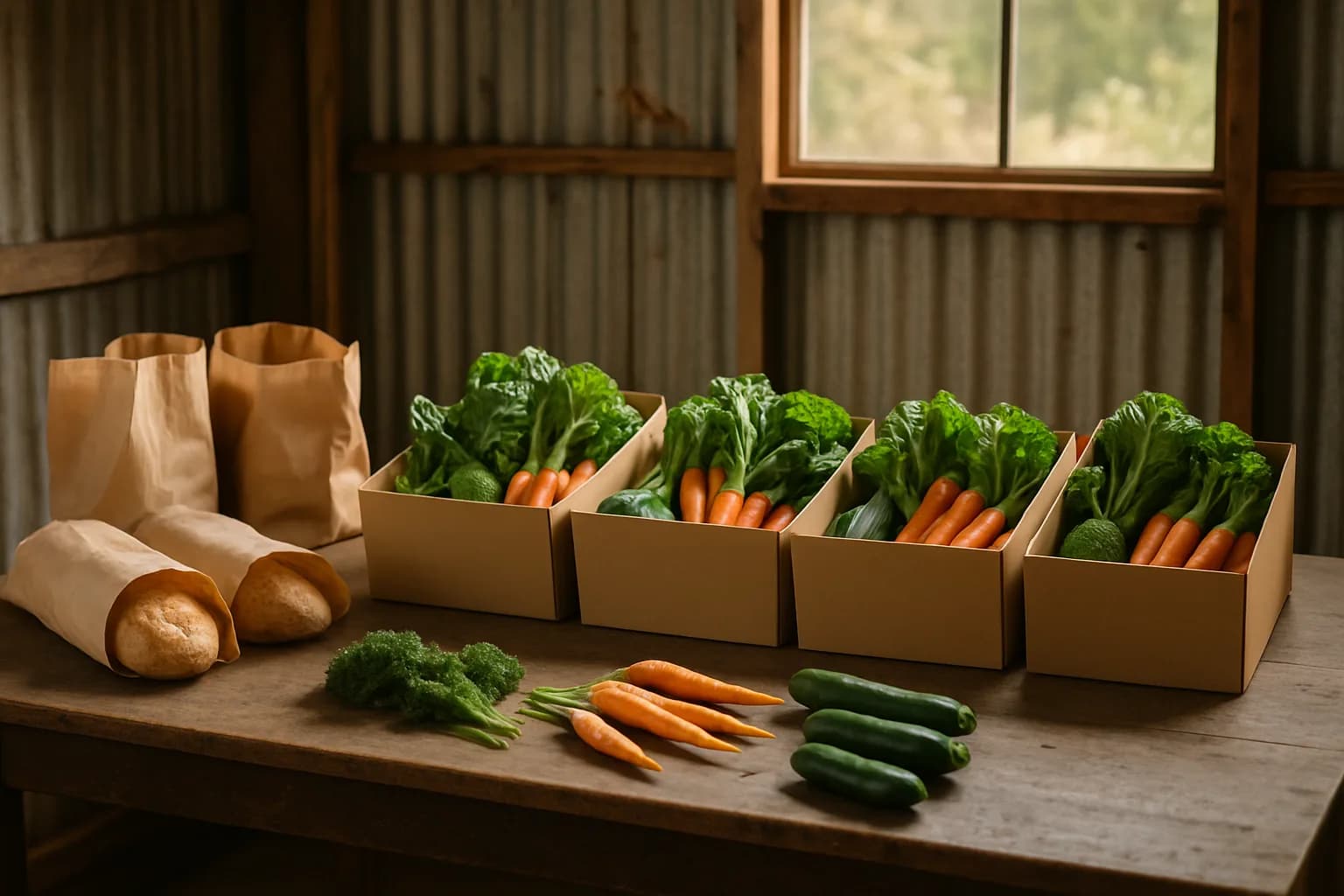 Vegetable boxes and paper bags of bread arranged on a farm packing bench.