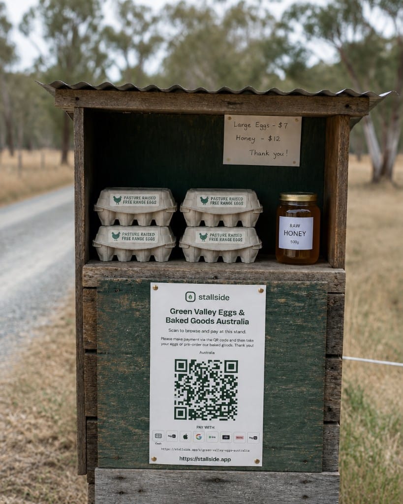 Green Valley Eggs roadside stall with eggs, honey, and a Vendl QR poster